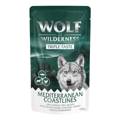 Wolf of Wilderness Triple Taste, Mediterranean Coastlines, 100% χωρίς δημητριακά συνταγή με φρέσκο αρνί, κοτόπουλο, πέστροφα και σαμπούκο, 125g.
