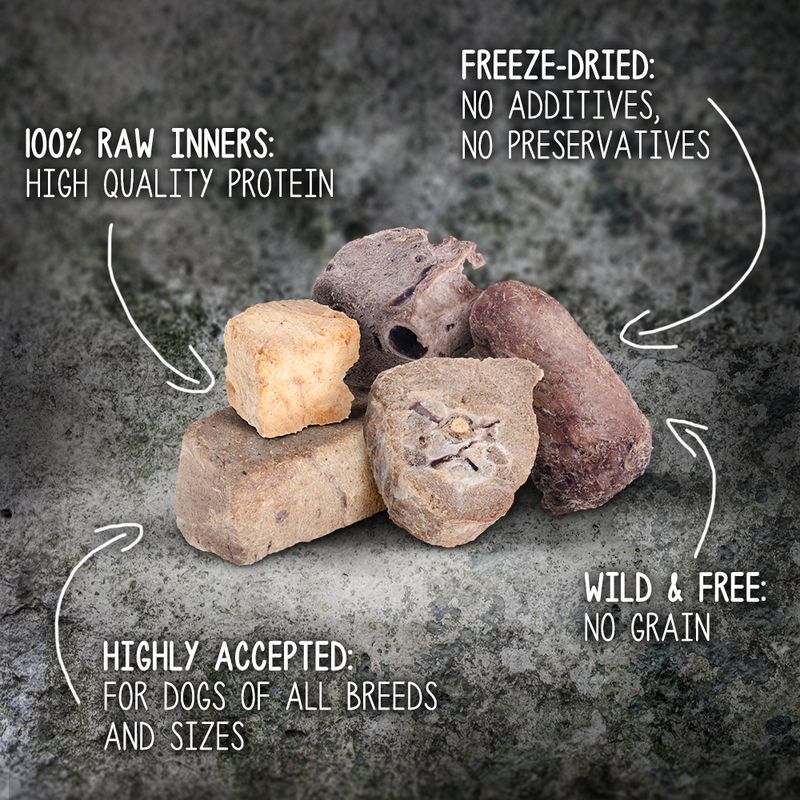100% RAW INNERS: HIGH QUALITY PROTEIN, FREEZE-DRIED: NO ADDITIVES, NO PRESERVATIVES, WILD & FREE: NO GRAIN, HIGHLY ACCEPTED: FOR DOGS OF ALL BREEDS AND SIZES (κείμενο στα αγγλικά)