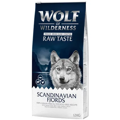 Wolf of Wilderness Scandinavian Fjords, freeze-dried raw-coated, 100% grain-free and potato-free recipe with fresh cod, beef and turkey meat, rich in essential amino acids, 12kg bag.