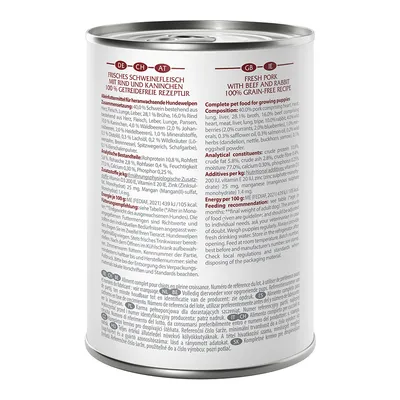 Tin labelled 'Fresh pork with beef and rabbit, 100% grain-free recipe'. Composition, analytical constituents and feeding recommendation visible.