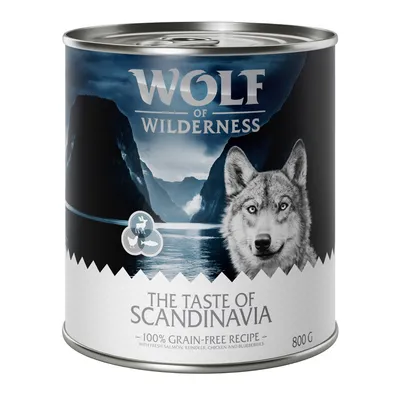 Wolf of Wilderness υγρή τροφή, The Taste of Scandinavia, 100% χωρίς δημητριακά συνταγή με φρέσκο σολομό, τάρανδο, κοτόπουλο και μύρτιλα, κονσέρβα 800 g.