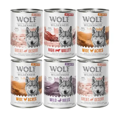 Wolf of Wilderness Nassfutter, Sorten: Great Desert (Truthahn), High Valley (Rind), Wide Acres (Huhn), Wild Hills (Ente). 100% getreidefrei, mit Beeren, Wurzeln und Kräutern. 400g Dosen.