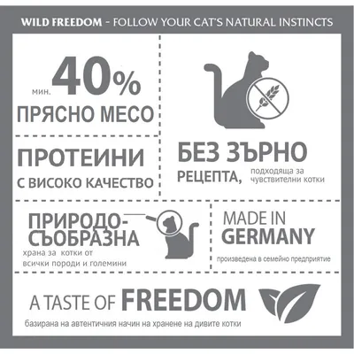 40% прясно месо, протеини с високо качество, без зърно рецепта, природосъобразна храна за котки, произведена в Германия. A taste of freedom – базирана на хранене на диви котки.
