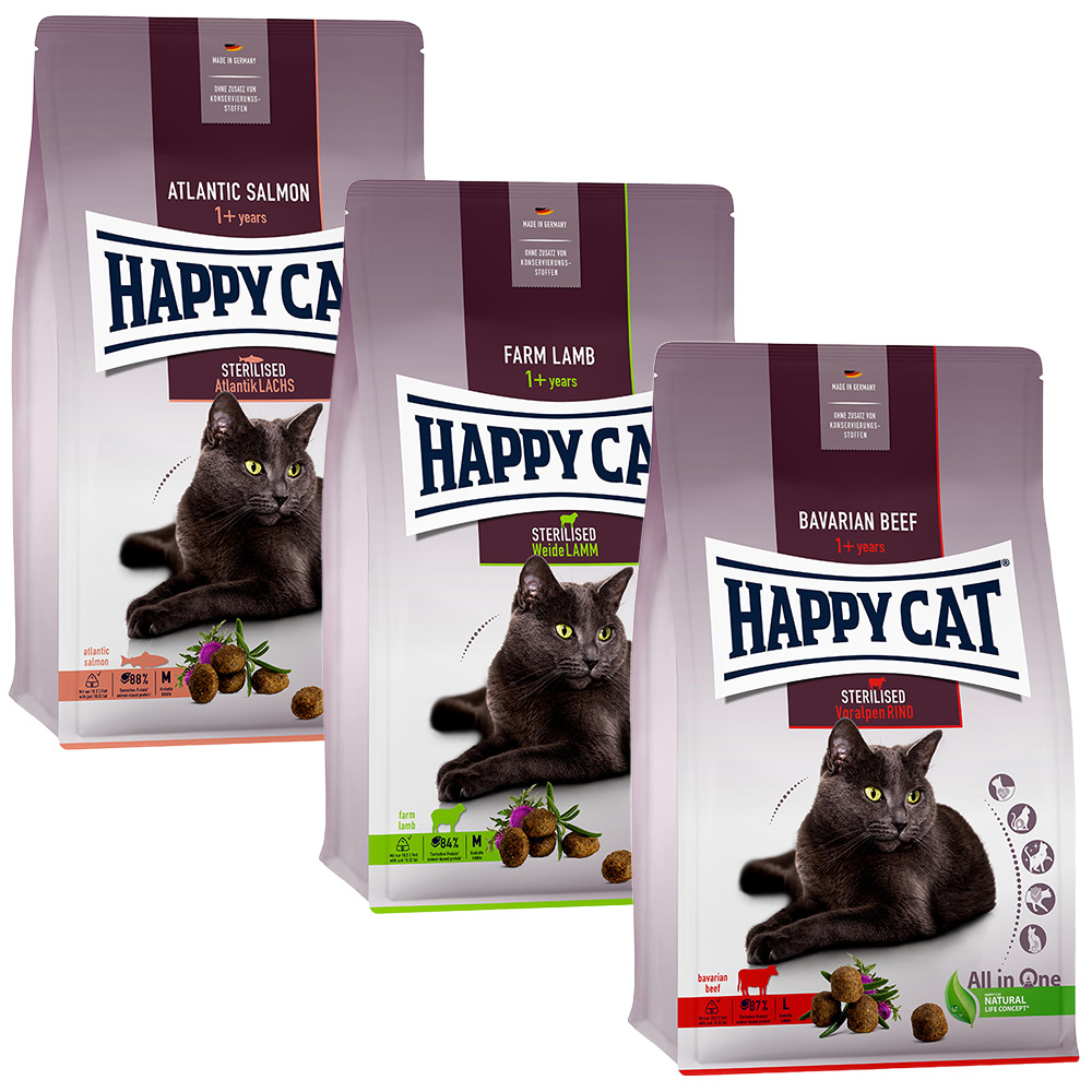 Blandpack: Happy Cat Sterilised Adult 3 x 10 kg - Bavarian Beef, Atlantic Salmon, Farm Lamb
