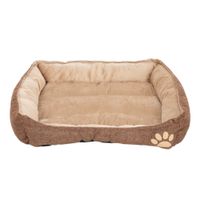 Letto per animali marrone con cuscino interno beige e motivo a zampa sul lato. Forma rettangolare, adatto per comfort e riposo.