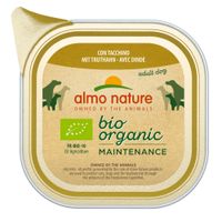 almo nature bio organic Maintenance, con pollo e verdure, confezione 24x100g, certificato FR-BIO-10 EU Agriculture, testo in inglese: Owned by the Animals