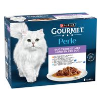 Confezione Purina Gourmet Perle Les Filettines en Sauce per gatti, 24x85g, gusti visibili: tacchino, anatra, agnello, tonno. Immagine di un gatto bianco e piatto con filetti in salsa.
