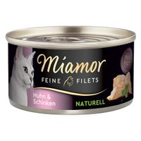 Miamor Feine Filets Thun & Krebsfleisch, Naturell, 100% Filet. Katzenfutter in Dose mit Abbildung von weisser Katze und Filetstücken.