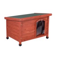 Cuccia in legno per cani con tetto verde, cane di taglia piccola sdraiato davanti. Box a sinistra con sagome di cani e lettere S, M, L su sfondo arancione, verde, blu.