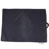 Tappetino nero rettangolare con maniglia per il trasporto, adatto a diversi usi. Superficie strutturata visibile.
