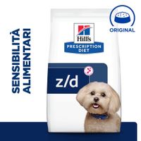 Confezione di Hill's Prescription Diet z/d, scritta 'Sensibilità alimentari' a sinistra e simbolo 'Original' in alto a destra. Presente un cane davanti alla confezione.
