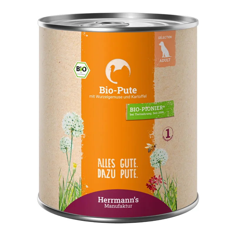Herrmanns Menú ecológico sin cereales 12 x 800 g - Pack Ahorro - Pavo ecológico con tubérculos ecológicos y patata ecológica