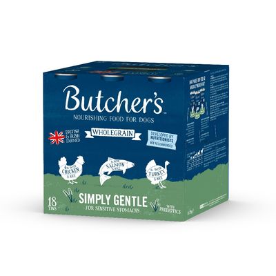 Butcher's wholegrain nourishing food, 18 tins: 6 with chicken and rice, 6 with salmon and rice, 6 with turkey and rice. Simply Gentle for sensitive stomachs, with prebiotics.