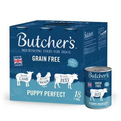 Butcher's Puppy Perfect grain free food, 18 cans with lamb, chicken and beef. Contains omega 3 and 6. Supporting British farmers. Suitable for puppies.