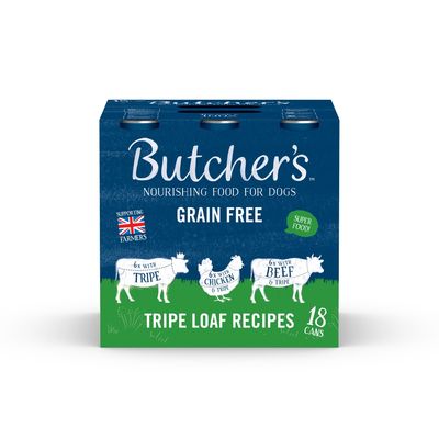 Butcher's nourishing food for dogs, grain free, tripe loaf recipes. Contains 6 cans with tripe, 6 with chicken and tripe, 6 with beef and tripe. Pack of 18 cans.