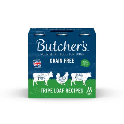 Butcher's nourishing food for dogs, grain free, tripe loaf recipes. Contains 6 cans with tripe, 6 with chicken and tripe, 6 with beef and tripe. Pack of 18 cans.
