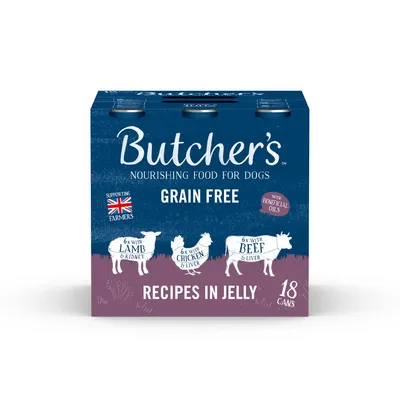 Butcher's nourishing food for dogs, grain free, with beneficial oils. Contains 6 cans each of lamb and kidney, chicken and liver, beef and liver. Recipes in jelly. 18 cans.