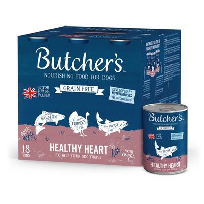 Butcher's nourishing food for dogs, grain free, British and Irish farmed, developed by nutritionists, with salmon, turkey, trout and veg, 18 tins, healthy heart, with omega 3.