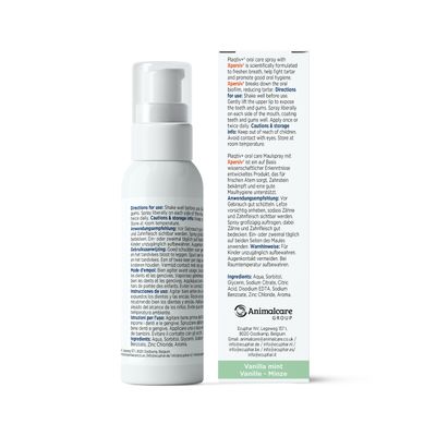Plactiv+ mundspray med Xpersiv til mundhygiejne. Anvendelse: Ryst før brug, spray på begge sider af munden. Smag: Vanilje-mynte. Opbevares utilgængeligt for børn.