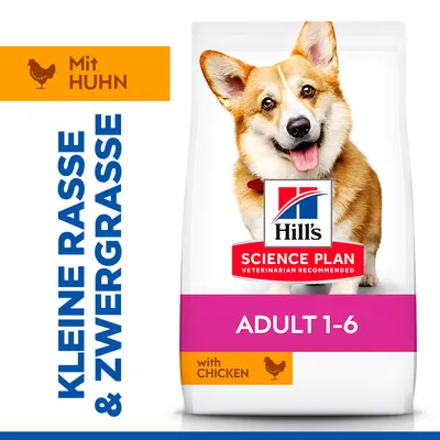 Hill's Science Plan Adult 1-6 mit Huhn, für kleine Rassen und Zwerggrassen. Veterinär empfohlen. Hill's Science Plan Adult 1-6 mit Huhn, für kleine Rassen und Zwerggrassen. Veterinär empfohlen.