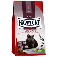 Balení krmiva HAPPY CAT Adult Sterilised Voralpen Rind Bavarian Beef pro kastrované kočky, XL granule, 87 % živočišných bílkovin, All in One, obrázek černé kočky na obalu.