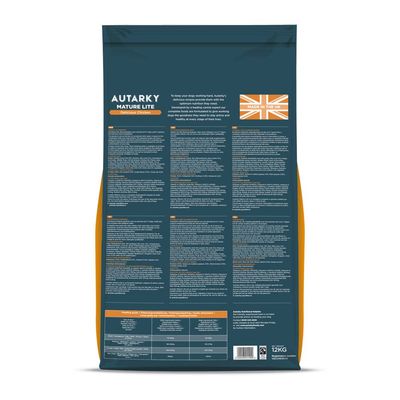 Back of Autarky Mature Lite Delicious Chicken 12kg bag showing feeding guide, nutritional information, ingredients and 'Made in the UK' label.