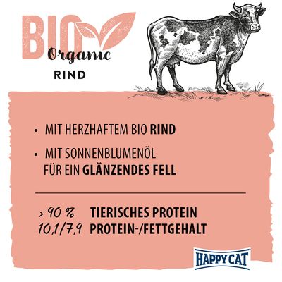 Bio Organic Rind. Mit herzhaftem Bio-Rind und Sonnenblumenöl für glänzendes Fell. >90% tierisches Protein, Protein-/Fettgehalt: 10,1/7,9. Happy Cat.