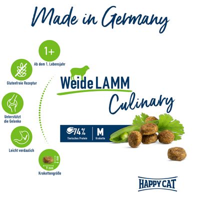 Happy Cat Weide Lamm Culinary, Made in Germany, ab dem 1. Lebensjahr, glutenfreie Rezeptur, unterstützt die Gelenke, leicht verdaulich, 74% tierisches Protein, Krokettengrösse 9mm.