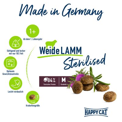 Happy Cat Weide Lamm Sterilised. Made in Germany. Ab dem 1. Lebensjahr, 10% Fett, optimale Gewichtskontrolle, leicht verdaulich, Kroketten M mit 84% tierischem Protein, Grösse 9mm.