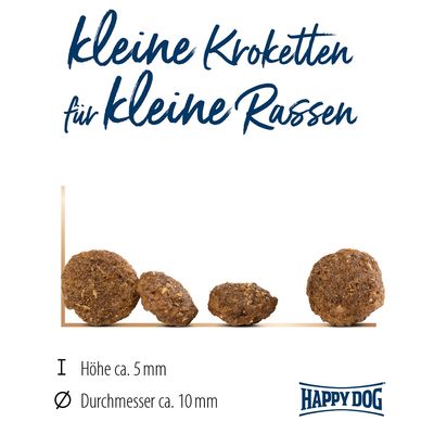 Kleine Kroketten für kleine Rassen, Höhe ca. 5 mm, Durchmesser ca. 10 mm, Happy Dog Logo sichtbar.