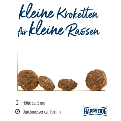 Kleine Kroketten für kleine Rassen, Höhe ca. 5 mm, Durchmesser ca. 10 mm, Happy Dog Logo sichtbar.