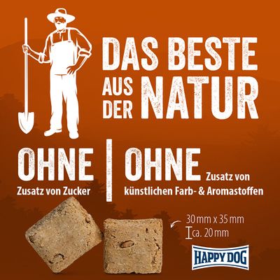 Happy Dog NaturCroq Müsliecken mit natürlichen Zutaten, ohne Zuckerzusatz. Verpackung zeigt Hundebild und Produktbeschreibung.