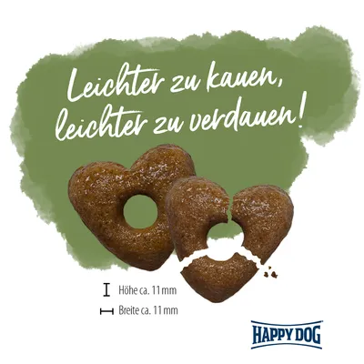 Happy Dog Herzförmige Kroketten, leichter zu kauen und zu verdauen. Masse: Höhe ca. 11 mm, Breite ca. 11 mm.