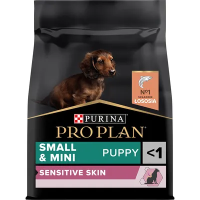 Purina Pro Plan Small & Mini Puppy Sensitive Skin, nr 1 składnik łosoś, opakowanie z psem i oznaczeniem dla szczeniąt poniżej 1 roku