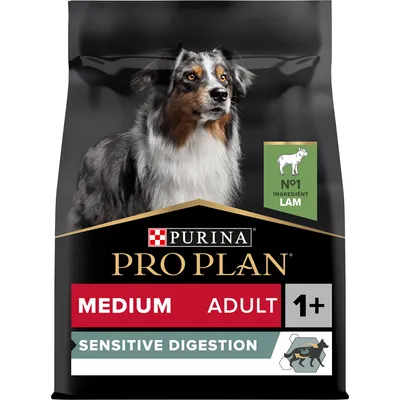 Purina Pro Plan Medium Adult 1+ Sensitive Digestion hondenvoer, No1 ingrediënt lam, verpakking met afbeelding van hond en tekst in het Engels. Purina Pro Plan Medium Adult 1+ Sensitive Digestion hondenvoer, No1 ingrediënt lam, verpakking met afbeelding van hond en tekst in het Engels.
