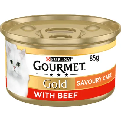 85g Gourmet Gold Savoury Cake with Beef, product label shows key features and flavour.