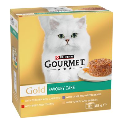 Purina Gourmet Gold Savoury Cake, 8 x 85 g. Varieties: with chicken, beef, tuna, salmon. Packaging displays product and portion size.