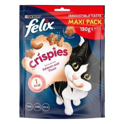Felix Crispies treats, salmon and trout flavour, maxi pack 180g. On average 1 kcal per treat. Contains proteins, vitamins, omega 6. Light and airy texture. Irresistible taste.