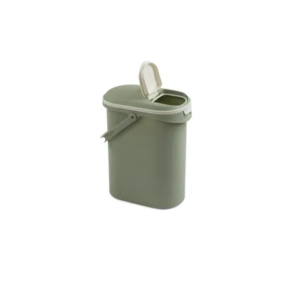 Contenitore in plastica verde con coperchio bianco e apertura a ribalta, maniglia laterale visibile. Contenitore in plastica verde con coperchio bianco e apertura a ribalta, maniglia laterale visibile.