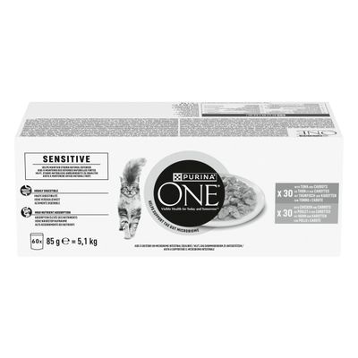 Purina ONE Sensitive kattefoder, 60x85 g, med tun og gulerødder samt kylling og gulerødder, letfordøjeligt, høj næringsoptagelse, understøtter mikrobiomet.