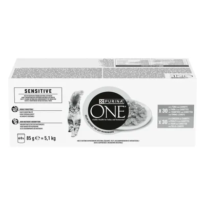 Purina ONE Sensitive kattefoder, 60x85 g, med tun og gulerødder samt kylling og gulerødder, letfordøjeligt, høj næringsoptagelse, understøtter mikrobiomet. Purina ONE Sensitive kattefoder, 60x85 g, med tun og gulerødder samt kylling og gulerødder, letfordøjeligt, høj næringsoptagelse, understøtter mikrobiomet.