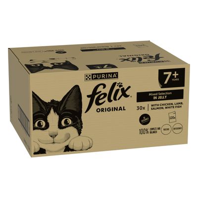 Purina Felix Original Mixed Selection in Jelly, 30x with chicken, lamb, salmon, whitefish. For cats aged 7 years and over. 100% complete and balanced, proteins, antioxidants.
