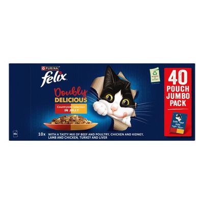Felix Doubly Delicious Countryside Selection in Jelly, 40 pouch jumbo pack. Includes beef and poultry, chicken and kidney, lamb and chicken, turkey and liver varieties.