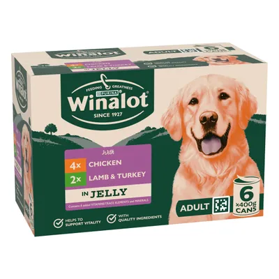 Winalot Adult, 6 x 400g cans: 4x Chicken, 2x Lamb & Turkey in Jelly. Contains 8 added vitamins, trace elements and minerals. Supports vitality, made with high-quality ingredients. Winalot Adult, 6 x 400g cans: 4x Chicken, 2x Lamb & Turkey in Jelly. Contains 8 added vitamins, trace elements and minerals. Supports vitality, made with high-quality ingredients.