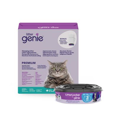 Litter Genie Klumpende Kattegrus Premium, Sensitive, hurtig lugtindkapsling, lav støvemission, Bonus LitterLocker genopfyldningskassette til 3 måneder. Fremstillet i Canada.