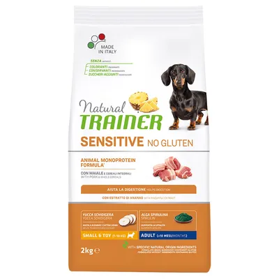 Natural Trainer Sensitive No Gluten hundefoder, Animal Monoprotein Formula med svinekød og fuldkorn, ananasekstrakt, 2 kg, til Small & Toy (1–10 kg), Adult (>10 måneder), Made in Italy.