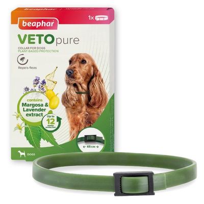 Plant-based flea repellent collar with margosa and lavender extract, provides up to 12 weeks protection, adjustable up to 65 cm. One collar included in pack.