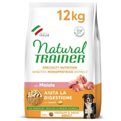 Sac de 12 kg Natural Trainer Specialty Nutrition Sensitive Monoproteico Animale con Maiale, aide la digestion avec ananas, pour chiens adultes medium & maxi. Préparé en Italie.