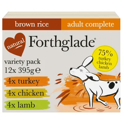 Forthglade adult complete brown rice variety pack, 12 x 395g. Contains 4 turkey, 4 chicken, 4 lamb trays. 75% turkey, chicken, lamb. Natural ingredients.