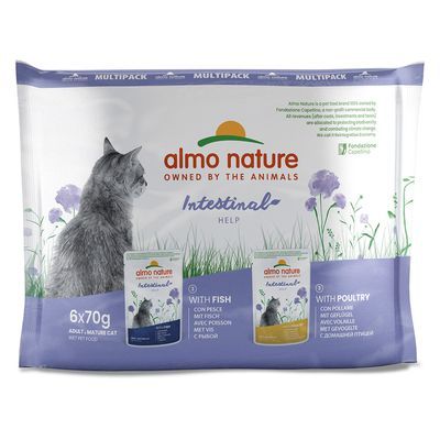 almo nature Intestinal Help multipack natvoer voor volwassen katten, 6x70g, varianten met vis en gevogelte zichtbaar op verpakking